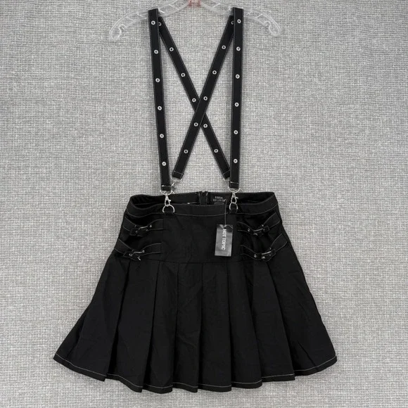 Social Collision Suspender Skirt Women L Black Pleated Grommet Goth Emo - Picture 5 of 10